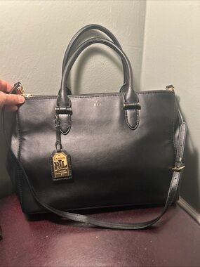 Ralph Lauren Newbury Black Leather Double Zip Handle Satchel Bag With Strap
